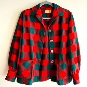 Vintage Pendleton red and dark green plaid unlined wool jacket
